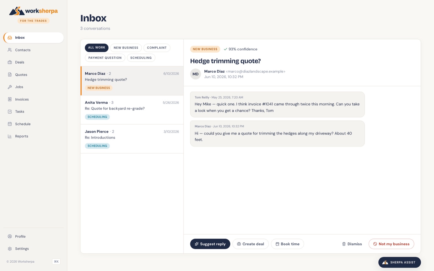 Worksherpa inbox with Sherpa AI drafting a reply