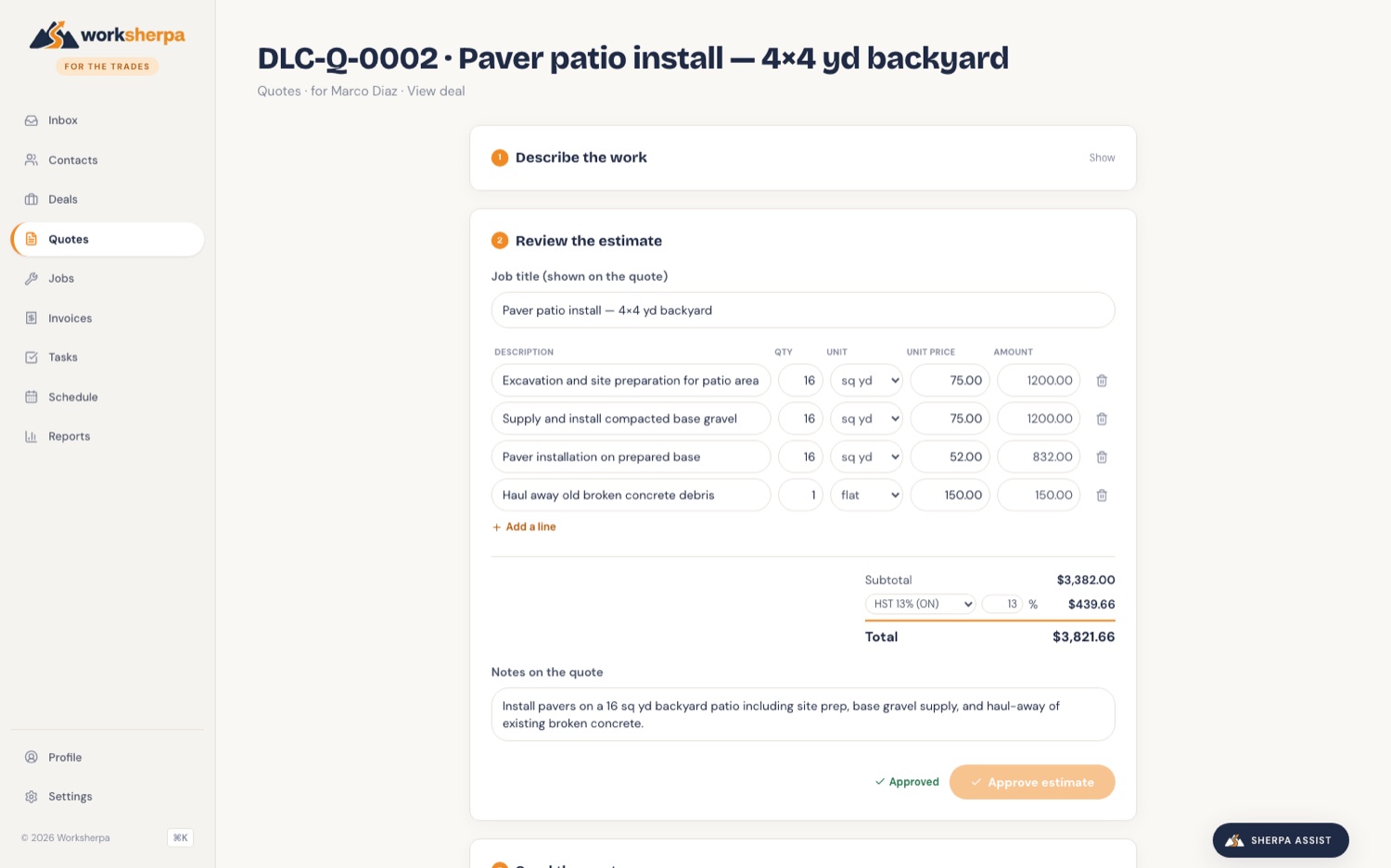 Worksherpa quote builder with line items